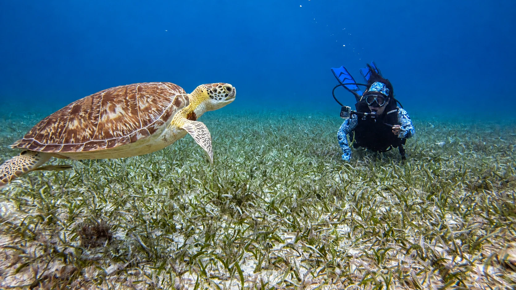 A sea turtle and diver exploring Belize&rsquo;s reef