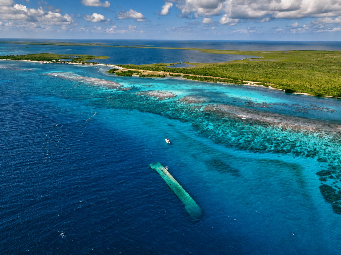 Turneffe’s reef and the WIT wreck seen from above
