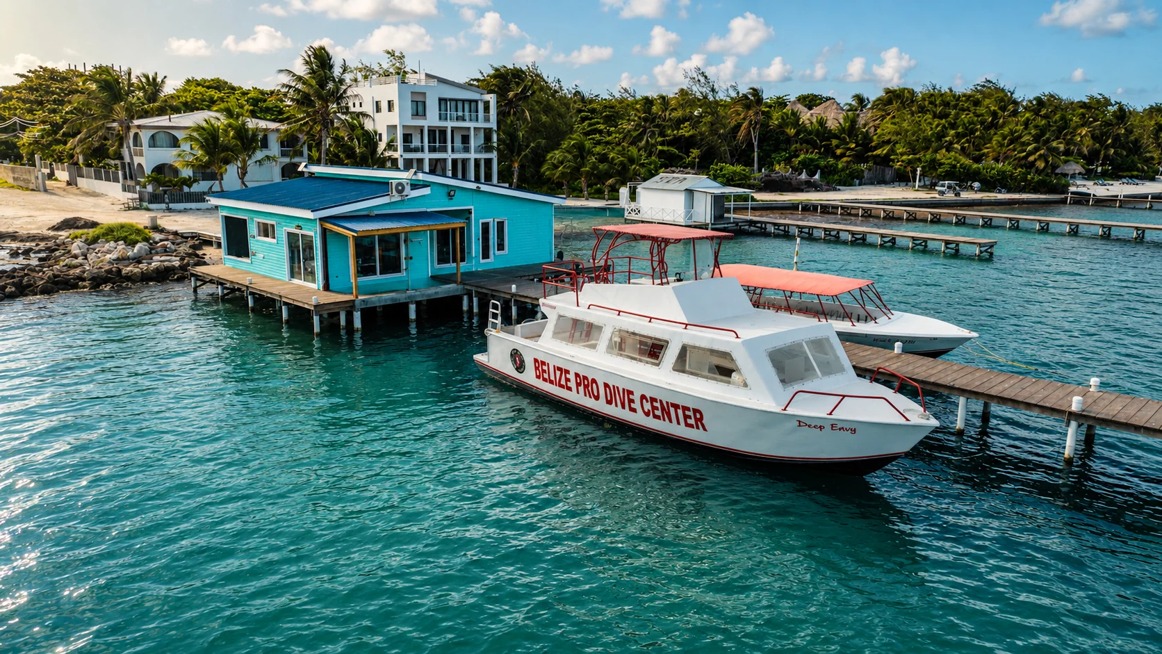 A Belize Pro Dive Center boat moored beside the waterfront dive center